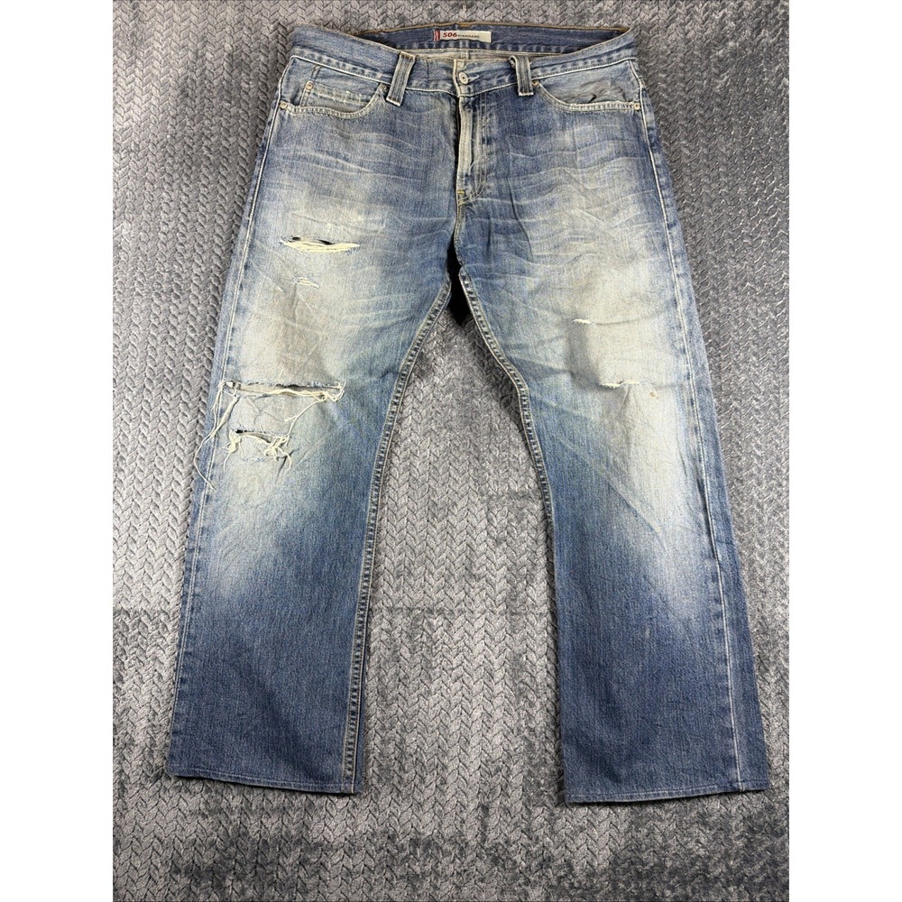 Levis 506 Mens 36x32 Regular Fit Straight Leg Denim‎ Jeans Distressed